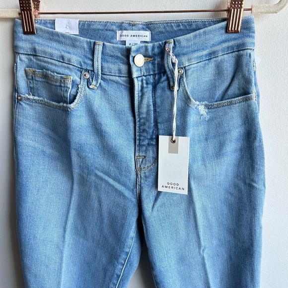 Good American Slim Straight Jeans Womens Size 2 Blue Distressed High Rise NWT - Picture 8 of 9